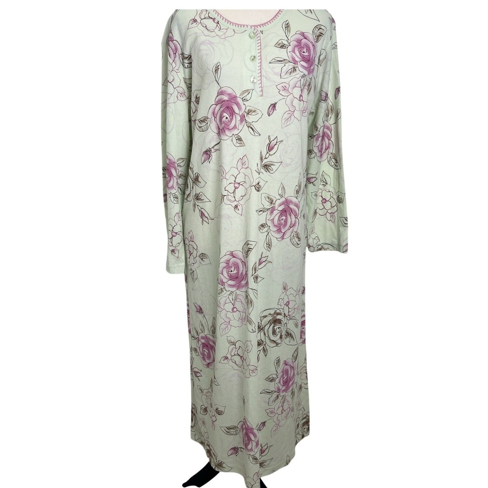 Of the Moment Nightgown Womens Medium Green Pink‎ Good Floral Ribbed Henley Long